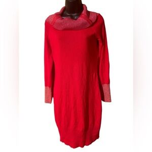No boundaries red sweater dress with metallic vowel neck & cuffs.